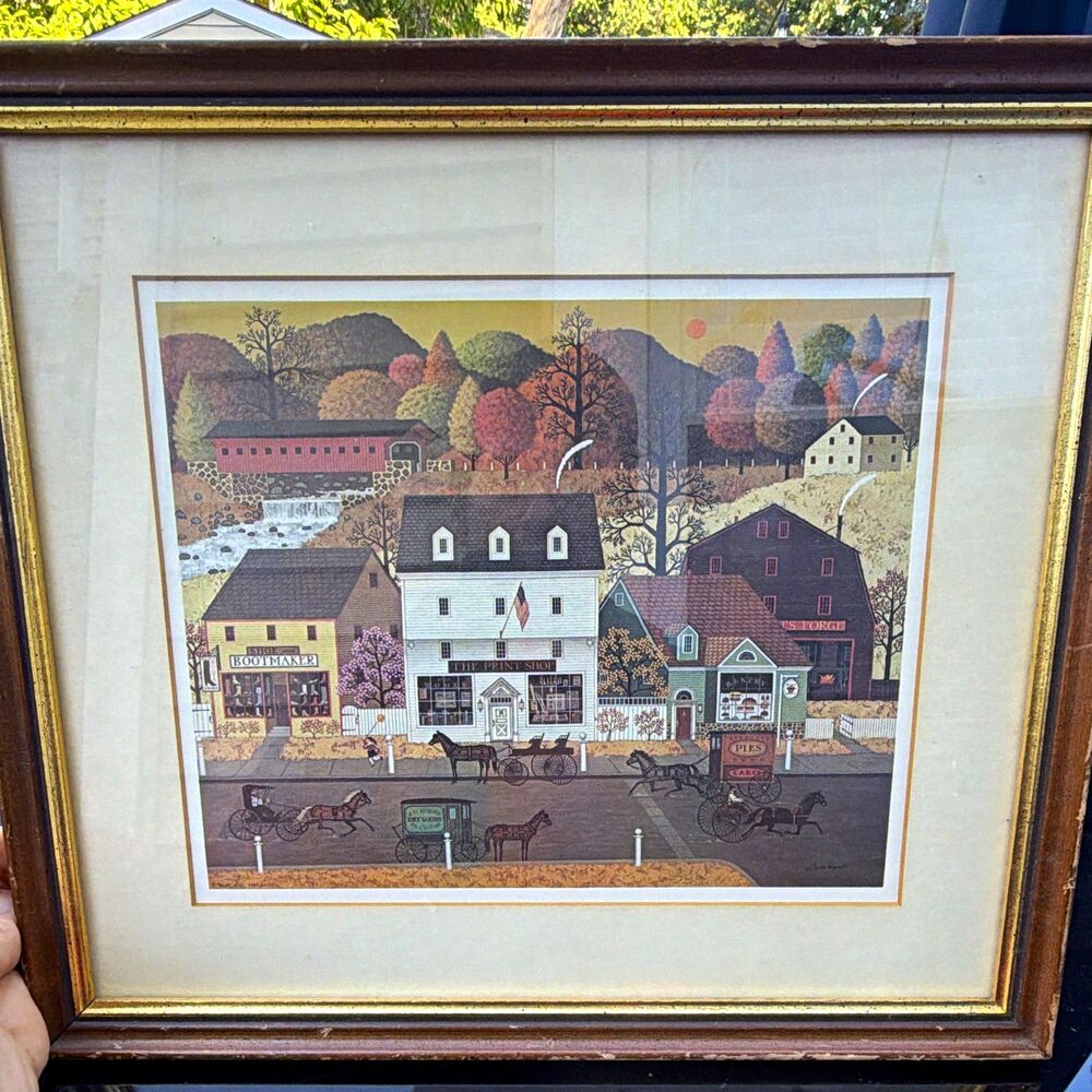 Charles Wysocki Framed Art Print Town Street Scene Horses Carriages 16x13